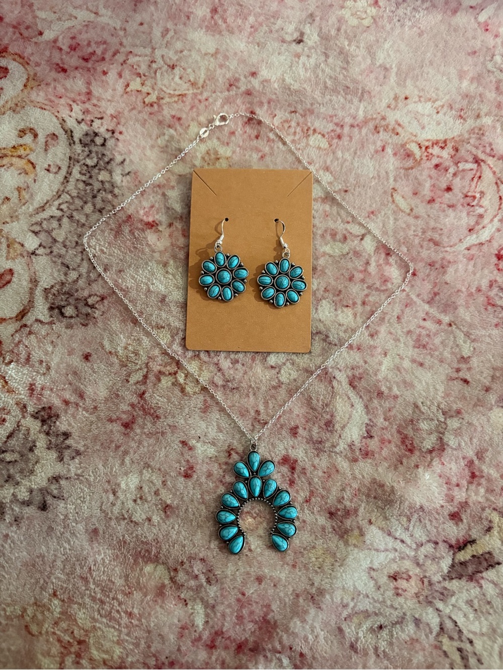 Hand Made Turquoise Teardrop Cluster Necklace & Earrings Set